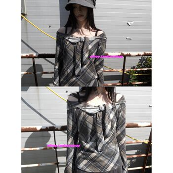 Eihey ehey 2026 ພາກຮຽນ spring ຮູບແບບໃຫມ່ strappy bow ແບບບູຮານ harajuku plaid ຫນຶ່ງຄໍາ off-shoulder ເສື້ອທີເຊີດສໍາລັບແມ່ຍິງ