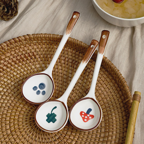 Ceramic spoon household small soup spoon long handle Japanese style high-value soup special round head soup spoon porridge spoon