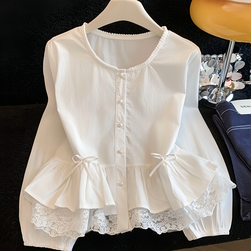 French Sweet Style Age-Reducing Lace Bow Shirt 2026 Spring and Autumn New Ruffled Pearl Button Long-Sleeved Top