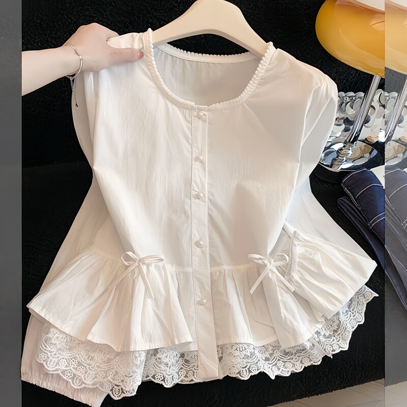 French Lace Splicing Pearl Button Ruffled Round Neck Long-Sleeved Shirt 2026 Spring New Age-Reducing Top for Women