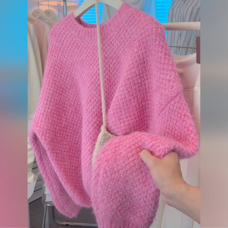 Pink Sweet and Gentle Style Soft and Thick Sweater 2026 Autumn and Winter Unique Design Pineapple Pattern Knit Top