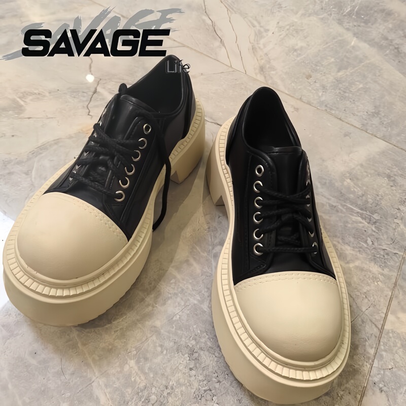 Savagelife 8cm Height-Increasing Derby Shoes, New High-Heeled Shallow Mouth Shoes, Slimming Cowhide Thick-Soled Versatile Low-Top Sneakers