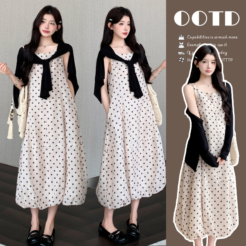 High-End Maternity Wear Summer Dress 2026 New Korean Style Elegant Slimming Polka Dot Camisole Dress Cardigan