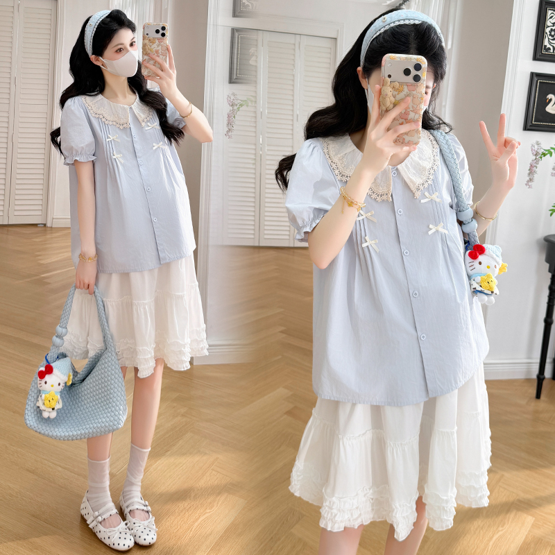 Maternity Skirt Suit for Summer Pregnancy Wear, Doll Collar Shirt, Short-Sleeved Top, Does Not Show Pregnancy, Stylish Two-Piece Set