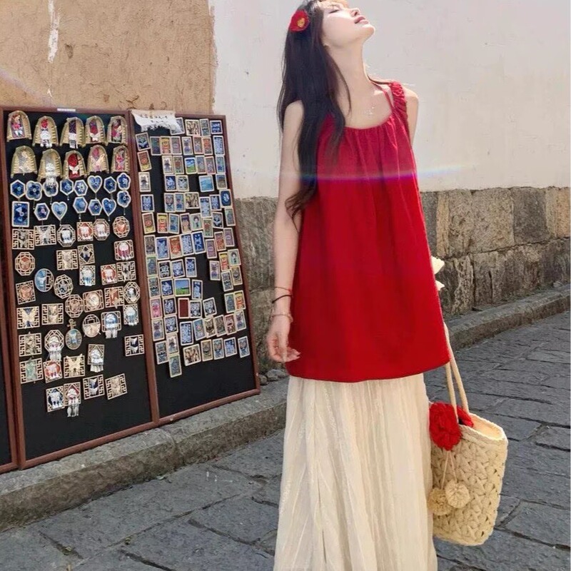 Maternity Wear Summer Suit, High-End Red Halter Neck Babydoll Dress, Vest Top, Skirt, Holiday Style Two-Piece Summer Set