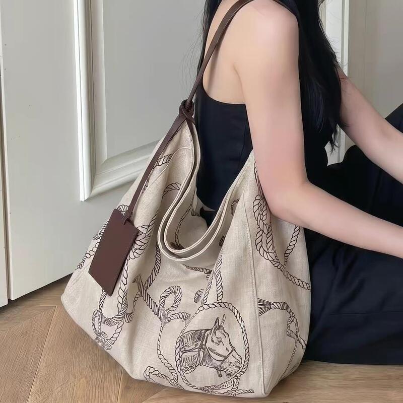 French Mlcani Kans Retro Hemp Rope Canvas Bag Women's Tote Bag Commuter College Student Simple Shoulder Bag French Mlcani Kans Retro Hemp Rope Canvas Bag Women's Tote Bag Commuter College Student Simple Shoulder Bag