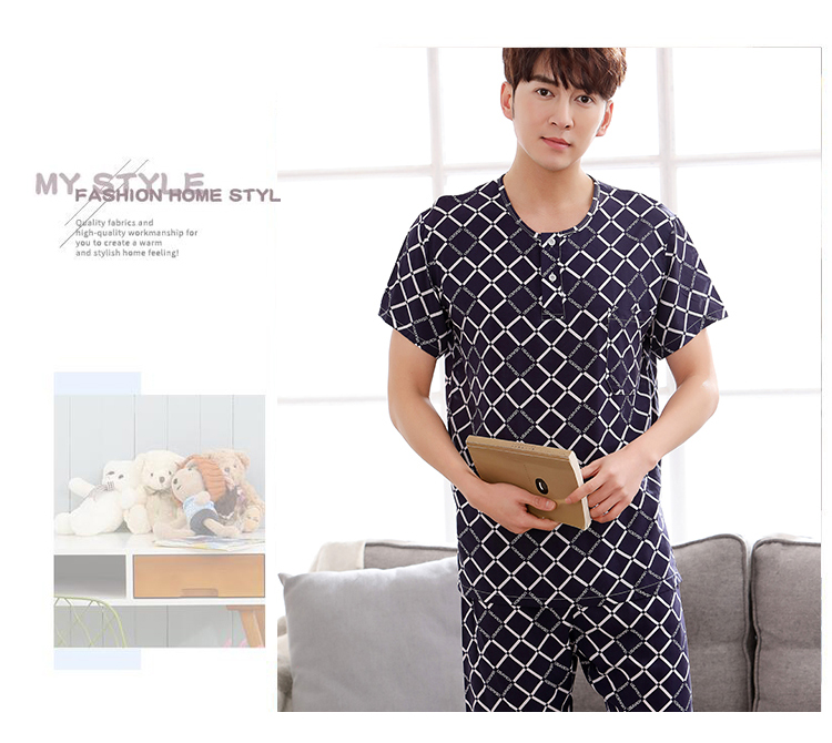 Pyjamas nam mùa hè bông ngắn tay quần short cotton mùa hè người đàn ông giản dị của đồ ngủ thanh niên mỏng dịch vụ nhà bộ do bo nam trung nien