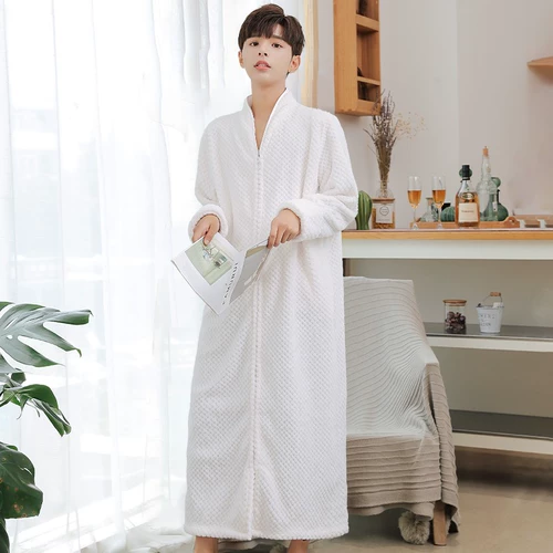 Пижама, зимняя коралловая бархатная утепленная юбка, фланелевый банный халат с молнией, большой размер