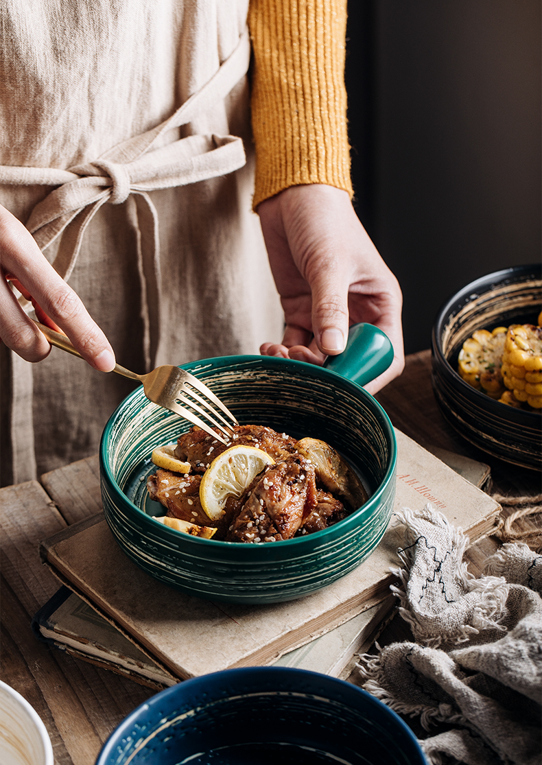 Nordic bowl with the handle, creative household tableware ceramic bowl baking bowl move oven dedicated for the job offer