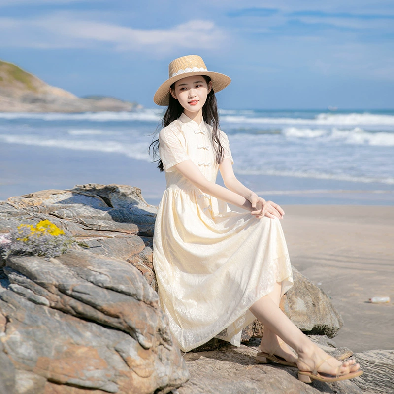 Mùa hè 2020 phụ nữ khí chất retro phong cách Trung Quốc sườn xám cổ điển thắt lưng ren váy giảm béo váy dài - Váy eo cao