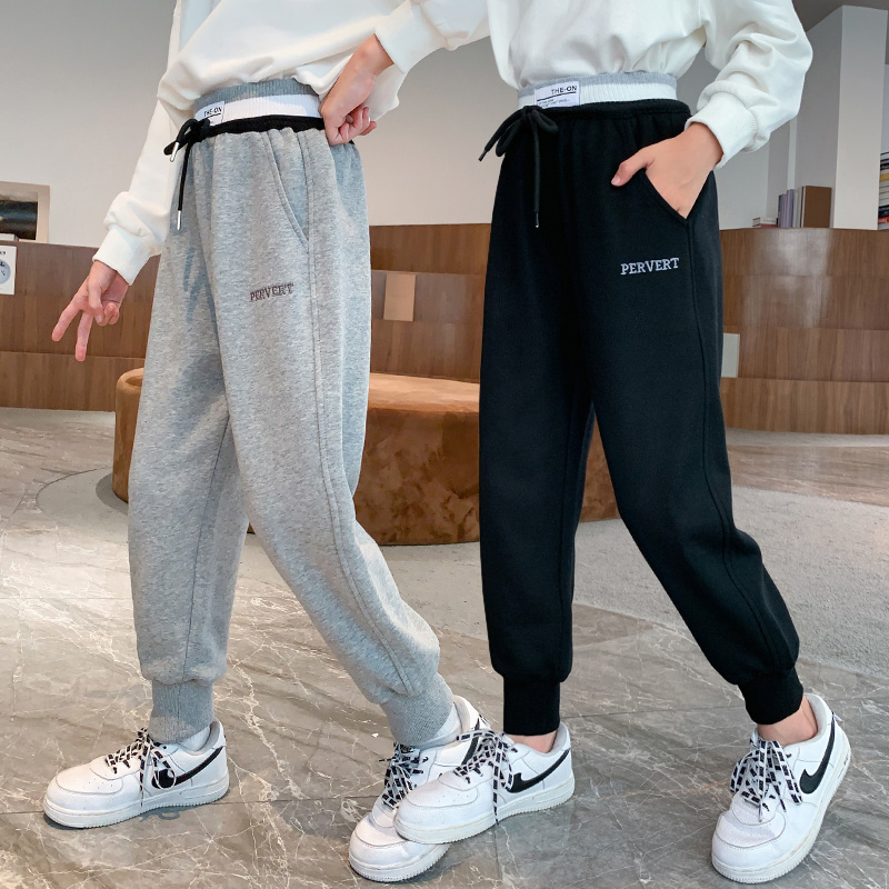 Girl Springtime Sports Pants 9 Children's Pants Women's Pants Loose High Waist Straight Drum Pants 8 Spring Autumn Black Pants 13 years old