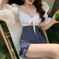 Swimsuit female summer 2021 new fairy fan conservative conjoined Korean ins skirt belly thin flat corner swimsuit