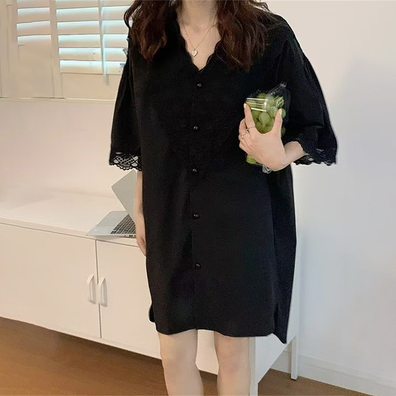 Victoria Ice Silk Nightgown for Women, Summer Thin Style, Trendy Casual Lace Chiffon Black Shirt Nightdress