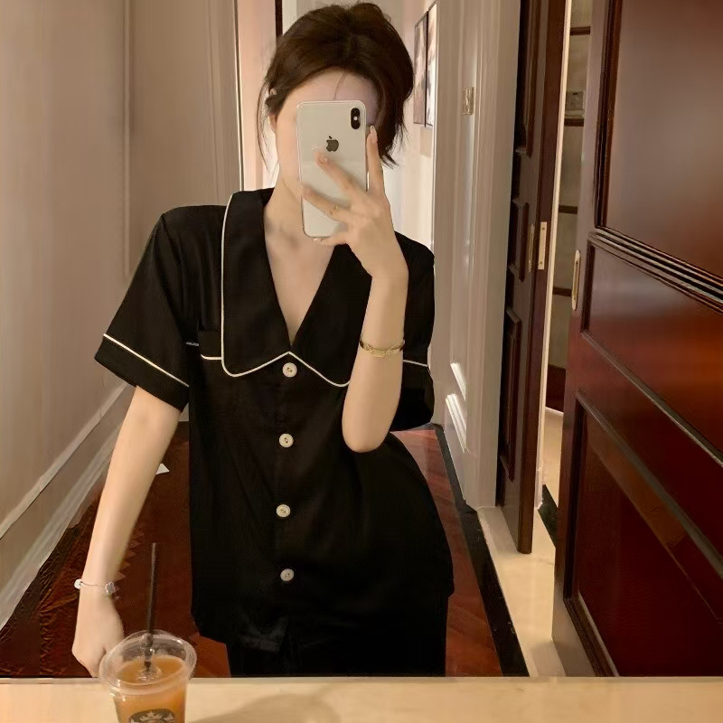 Victoria Silk Pajamas for Women, Summer Style, Short-Sleeved, Long Pants, Black, High-End, Chanel-Style Loungewear Set