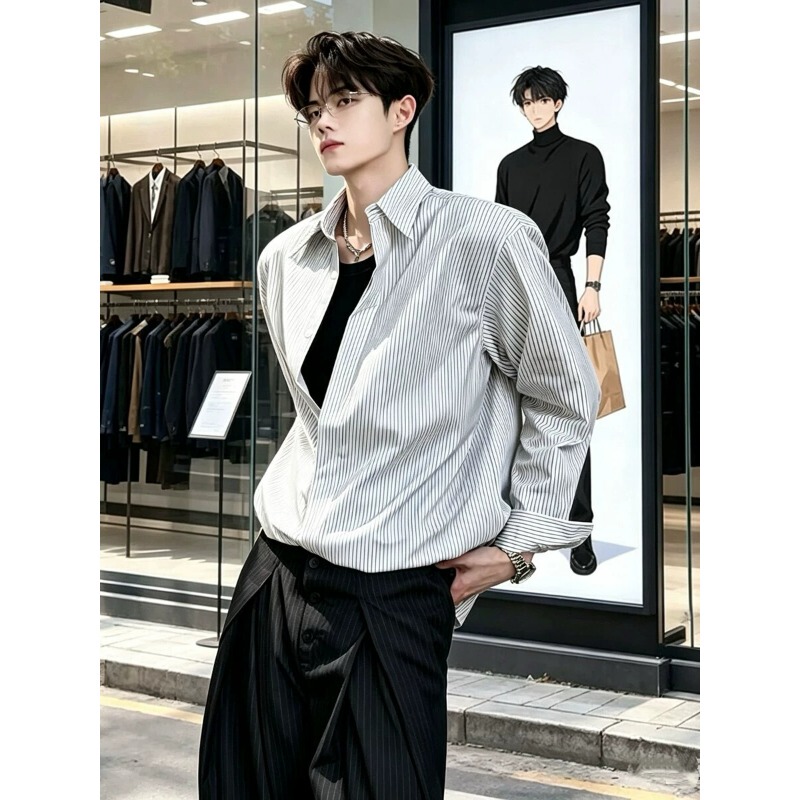 Second-Hand Minimalist Design High-Fashion Shoulder Pad Striped Shirt for Men, Long-Sleeved, Niche, Stiff, Lazy, Loose, and Oversized Shirt
