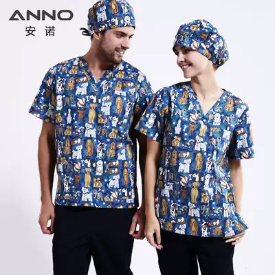 Anno surgical gown printed V-collar pet doctor wash clothes brush hand clothes beauty hospital overalls flower dog Blue