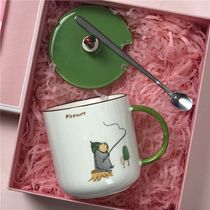 Cute cactus Mark ceramic coffee cup girl with lid spoon creative personality trend couple water Cup home