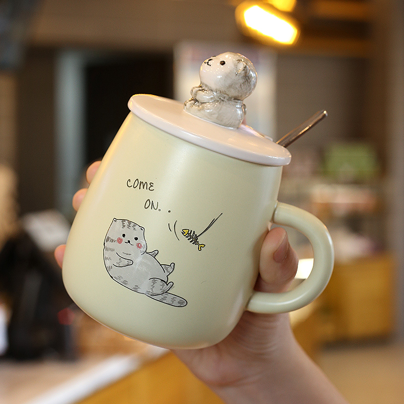 Lovely creative ceramic mug with cover spoon drinking cup children simple couple oatmeal cup breakfast cup Instagram wind