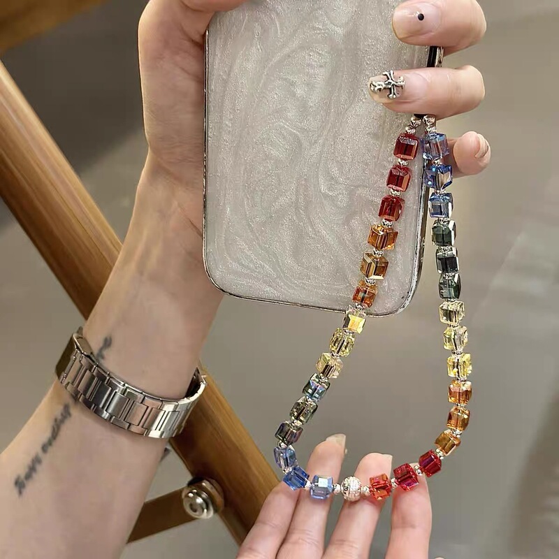 Square Colorful Crystal Rainbow Gradient Color Chain Side Hanging Rope Ccd Bag Charm