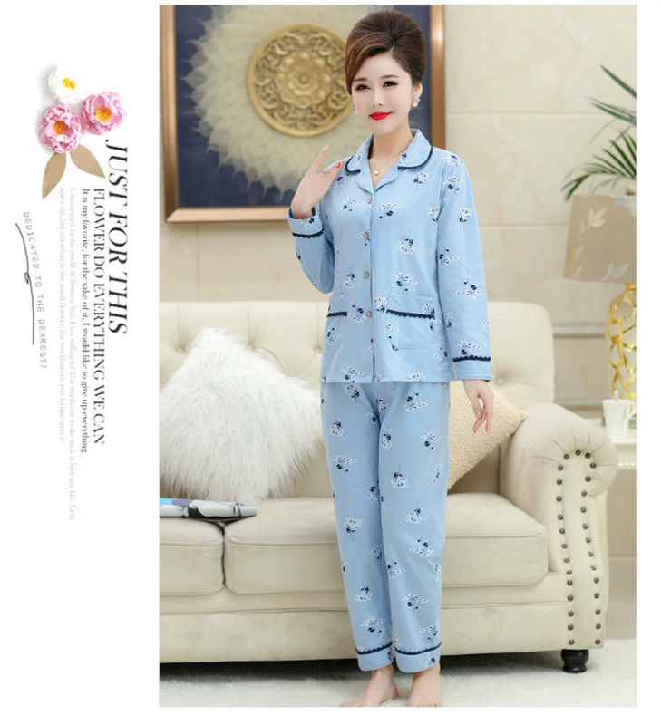 Bộ đồ ngủ cho mẹ mùa xuân và mùa thu dành cho người trung niên có chất liệu cotton l dài tay - Pyjama