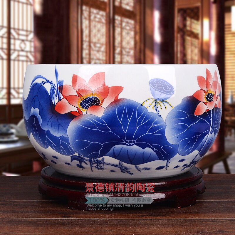 Jingdezhen Ceramic Big Fish Bowl Hand Drawing Low Year and Large Home Living Room for Expensive Fish Bowl