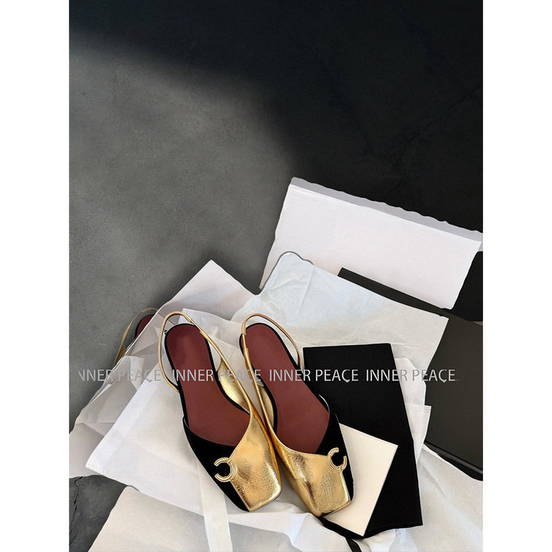 【Inner】Elegant and Classy 26S Brand New Square-Toe Retro Color-Blocked Backless Sandals in Black and Gold Color Scheme