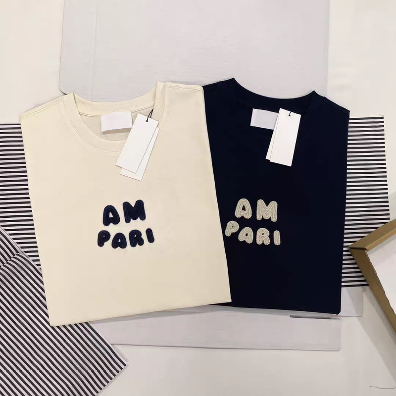Summer New Ami Fear Short-Sleeved T-Shirt with Woven Letter Embroidery, Heavyweight Cotton, Unisex Top