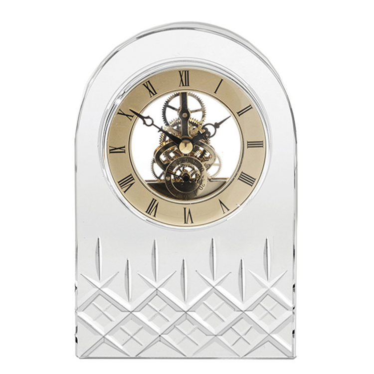 Royalscot UK handmade water crystal rhomboid engraved floral transparent seat bell clock golden round frame 17cm