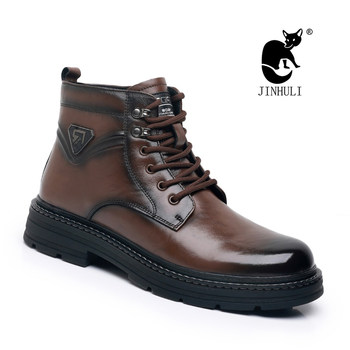 Golden Fox Men's Shoes, First-Layer Genuine Leather Martin Boots, Winter Fleece-Lined Warm Cotton Shoes, Retro High-Top British Style Work Boots