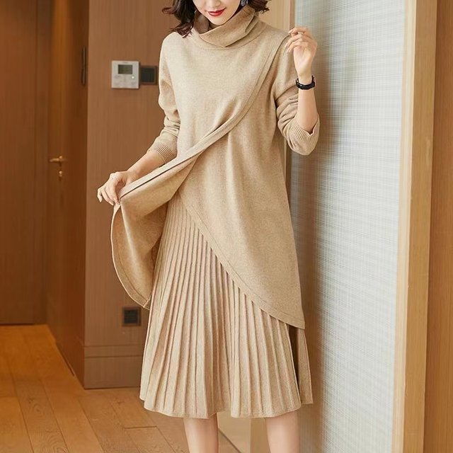 2022 autumn and winter new design sense niche cover belly imitation wool knitted suit women's high collar skirt two-piece set