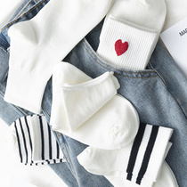 White mid-tube socks female ins tide shallow mouth socks striped love cute Japanese summer thin cotton stockings