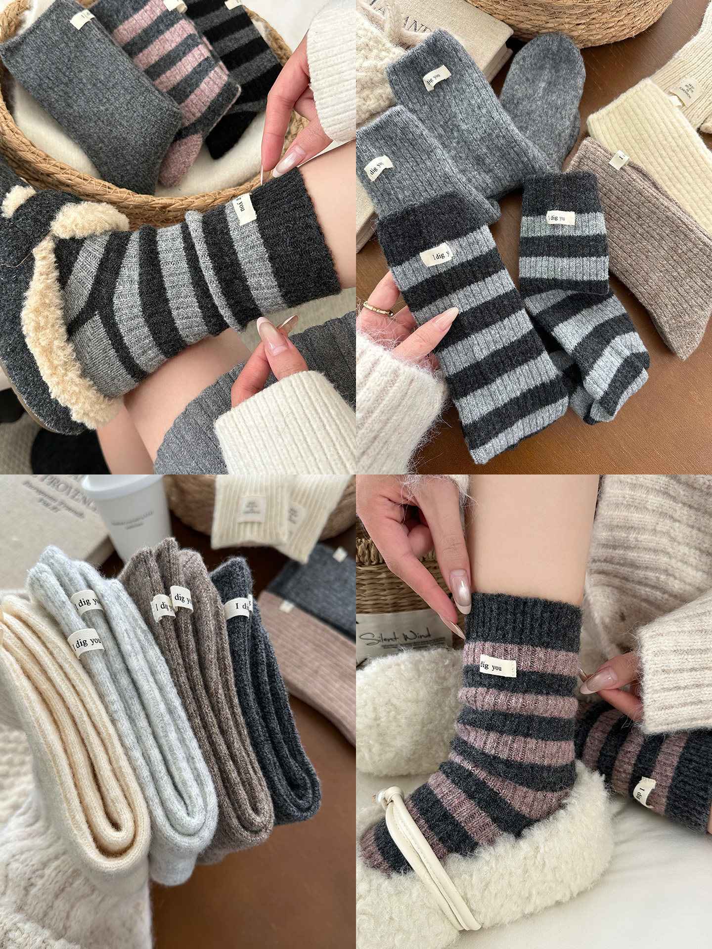 Wool Socks for Women, Autumn and Winter Striped Mid-Calf Socks, 2025 New Popular Retro Slouch Socks, Thickened Warm Cashmere Socks