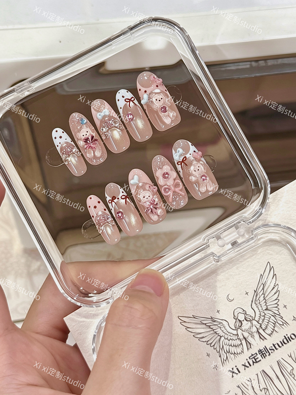 Sweet Girly Candy Bear Glittering Nail Art with Cat Eye, Bow, and Polka Dot Designs, Removable Nail Art