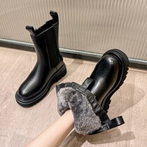 Martin boots womens leather large cotton mid-tube increased thick bottom Chelsea thick heel plus velvet high tube chimney knight boots winter