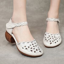 Mothers sandals womens summer 2022 new leather soft bottom middle-aged and elderly hollow retro Baotou middle-heeled hole shoes