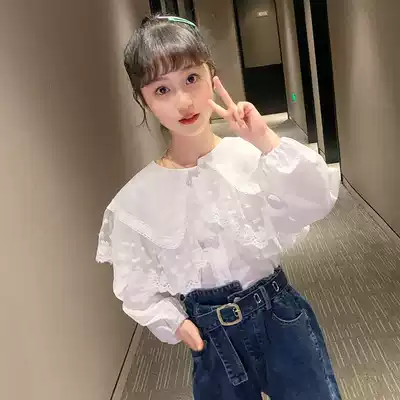Girl white shirt foreign style Princess cotton white coat 2021 New middle child fashionable shirt girl long sleeve