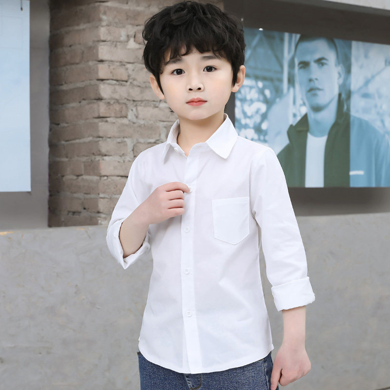 Child White Shirt Male 2022 Chunqiu Boy pure cotton white shirt CUHK Tong Long sleeves Performance Blouse Thin