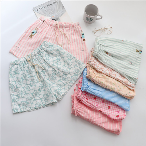 Quần pyjama quần short nữ mùa hè mỏng phần cotton gạc đôi quần nhà rộng kích thước lớn ba quần quần ngắn quần nửa đơn giản quần kaki nam