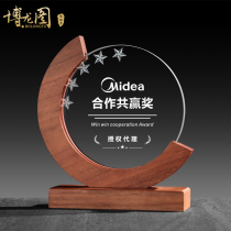 Creative wooden crystal trophy solid wood medals customized company annual meeting outstanding staff award authorization to join