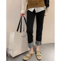 Korean pregnant women pants autumn and winter plus velvet thickened fashion curled jeans black slim nine straight pants