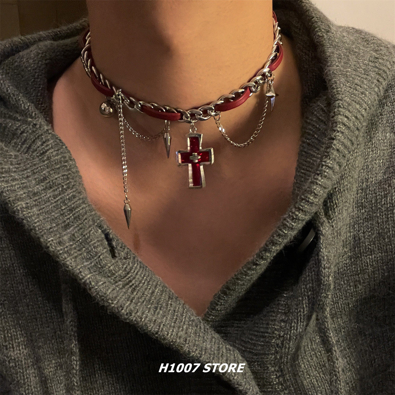 Dark red cross ultra-short choker for men, niche Y2K subculture leather choker chain wrapping for women