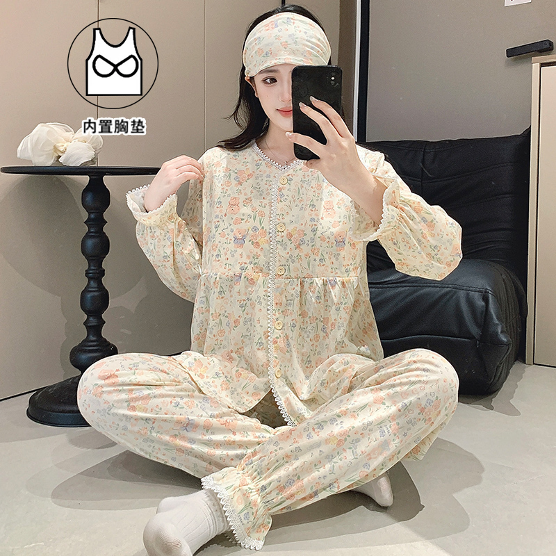 Postpartum Clothing Sweet Plaid Pajamas Women's Long-Sleeved Cardigan Home Wear Set with Built-In Chest Pad All-Season Cute Style