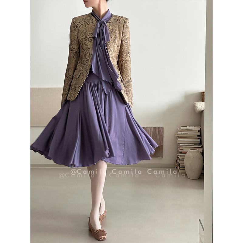 Vintage Paisley Pattern Purple Buttoned Suit Jacket with Cotton Padding, Purple Bow Long Sleeve Irregular Dress Set