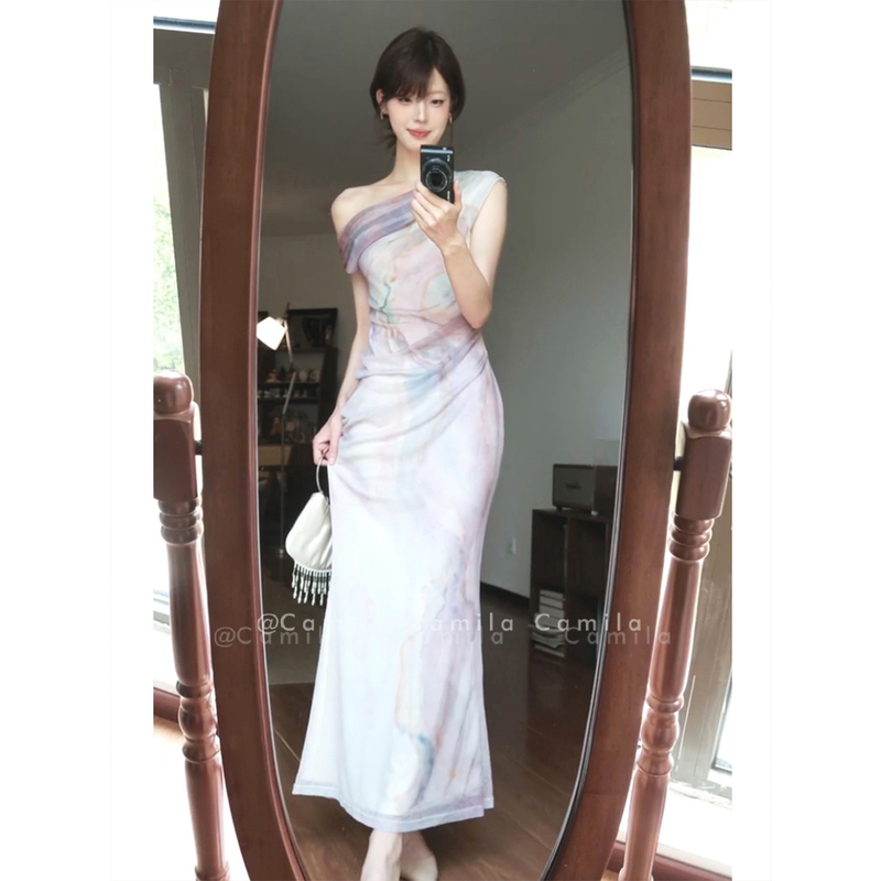 New Chinese-Style Pink Gradient Off-Shoulder Sleeveless Vest Floral Print Mesh Dress Slim Fit Bodycon Fishtail Long Dress New Chinese-Style Pink Gradient Off-Shoulder Sleeveless Vest Floral Print Mesh Dress Slim Fit Bodycon Fishtail Long Dress
