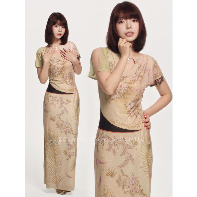 New Chinese-Style Printed Camisole Dress with Waist-Cinching, Hip-Hugging, Slit Long Skirt by Timesunmoon