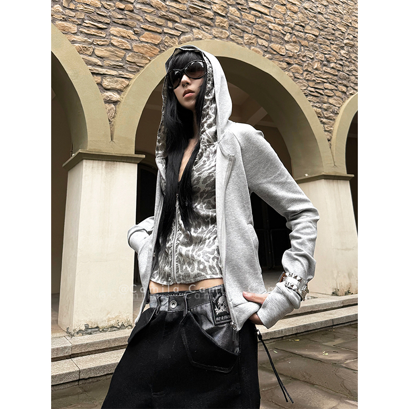 Wang Lujie's Same Style American-Style Gray Faux Two-Piece Double-Layer Silver Woven Leopard Print Slim-Fit Long-Sleeve Hooded Sweatshirt Short Jacket
