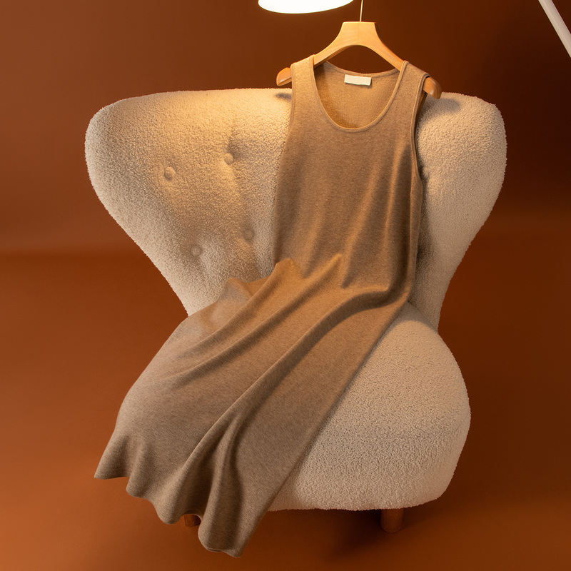 European Style Mid-Length Camisole Dress for Women, Autumn Straight Wool Knit Dress, Winter Base Layer Cashmere Sweater Dress, Over-The-Knee