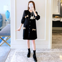 Pregnant Woman Lian Dress Spring Autumn Clothing Fashion Loose Skirt Korean version Single row Buttons Butterfly Knot Decoration in Long Pregnancy Maternity Dress