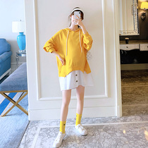 Pregnant woman Autumn Fashion style Tidal Moms Personality Collision Color Long Sleeve Dress Splicing Drawing Rope with cap in a long pregnant woman Liondress