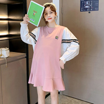 Pregnant Woman Lian Dress Spring Autumn Season Big Code 2020 New Loose Han Fan Stripe Splicing Long Sleeve Gestational Woman Dress Skirt